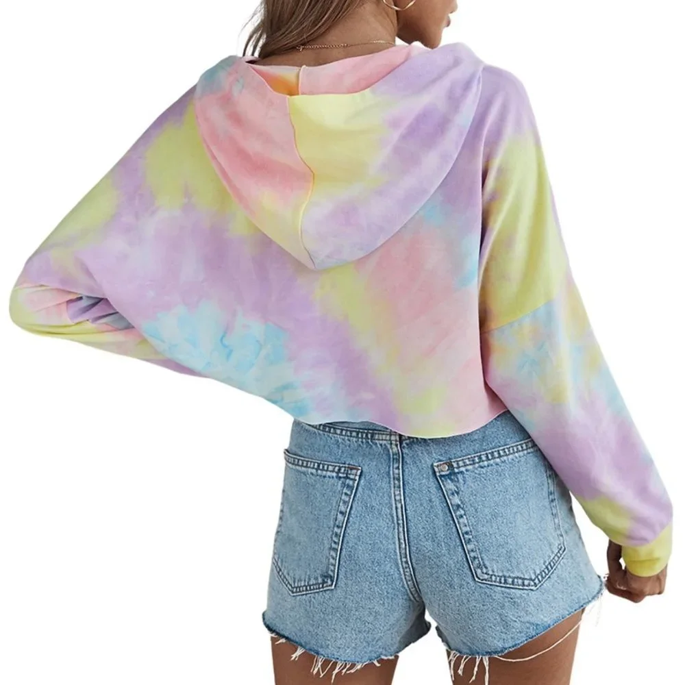 Pastel tie dye crop pullover hoodie. sizes M-L. long sleeve, yellow/Lilac/Aqua - Picture 2 of 2